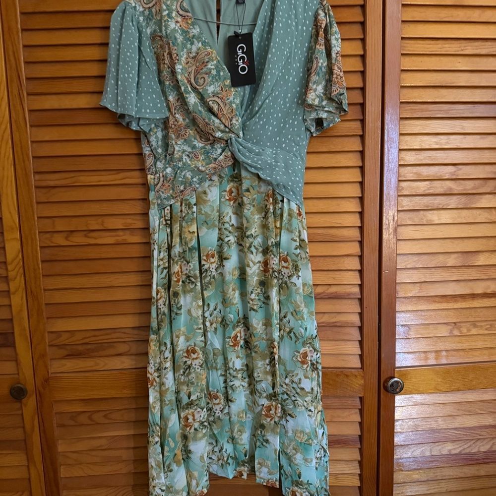 Gigio Twist Front Elastic Waist Floral Midi Dress with Full Lining and Key Hole - Picture 8 of 10